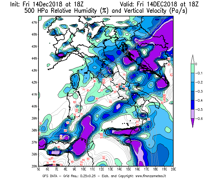 Mappa di analisi GFS - Umidità relativa [%] e Omega [Pa/s] a 500 hPa in Italia
									del 14/12/2018 18 <!--googleoff: index-->UTC<!--googleon: index-->