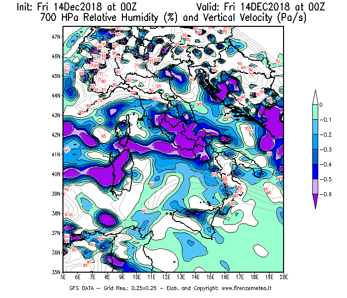 Mappa di analisi GFS - Umidità relativa [%] e Omega [Pa/s] a 700 hPa in Italia
									del 14/12/2018 00 <!--googleoff: index-->UTC<!--googleon: index-->