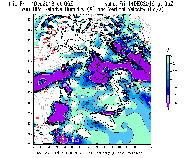 Mappa di analisi GFS - Umidità relativa [%] e Omega [Pa/s] a 700 hPa in Italia
									del 14/12/2018 06 <!--googleoff: index-->UTC<!--googleon: index-->