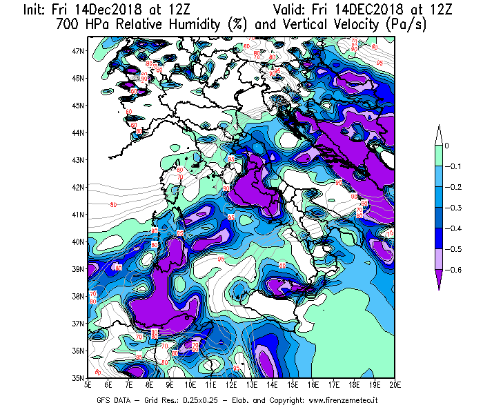 Mappa di analisi GFS - Umidità relativa [%] e Omega [Pa/s] a 700 hPa in Italia
									del 14/12/2018 12 <!--googleoff: index-->UTC<!--googleon: index-->