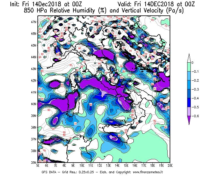 Mappa di analisi GFS - Umidità relativa [%] e Omega [Pa/s] a 850 hPa in Italia
									del 14/12/2018 00 <!--googleoff: index-->UTC<!--googleon: index-->