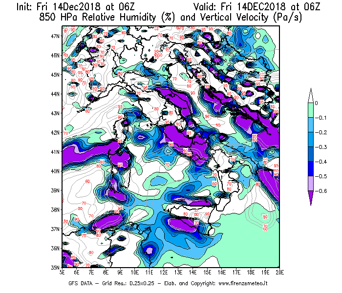 Mappa di analisi GFS - Umidità relativa [%] e Omega [Pa/s] a 850 hPa in Italia
									del 14/12/2018 06 <!--googleoff: index-->UTC<!--googleon: index-->