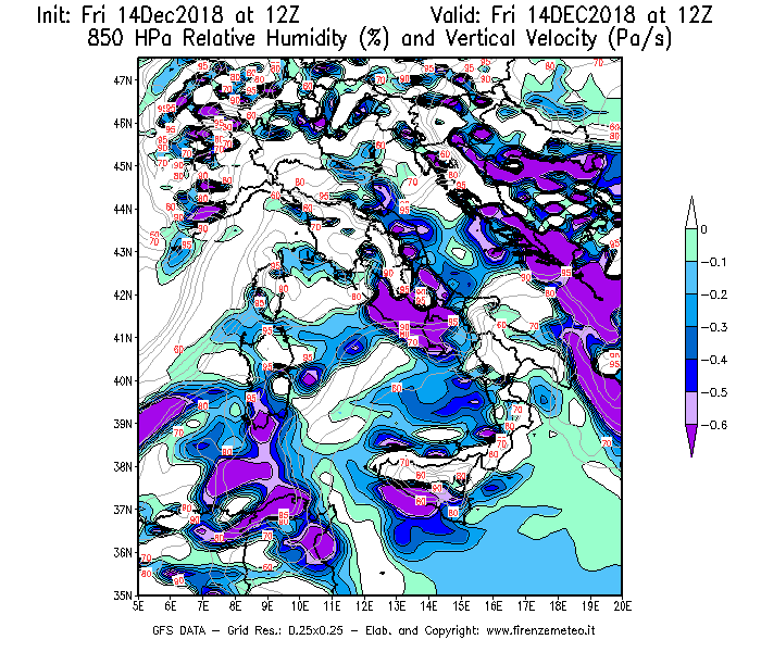 Mappa di analisi GFS - Umidità relativa [%] e Omega [Pa/s] a 850 hPa in Italia
									del 14/12/2018 12 <!--googleoff: index-->UTC<!--googleon: index-->