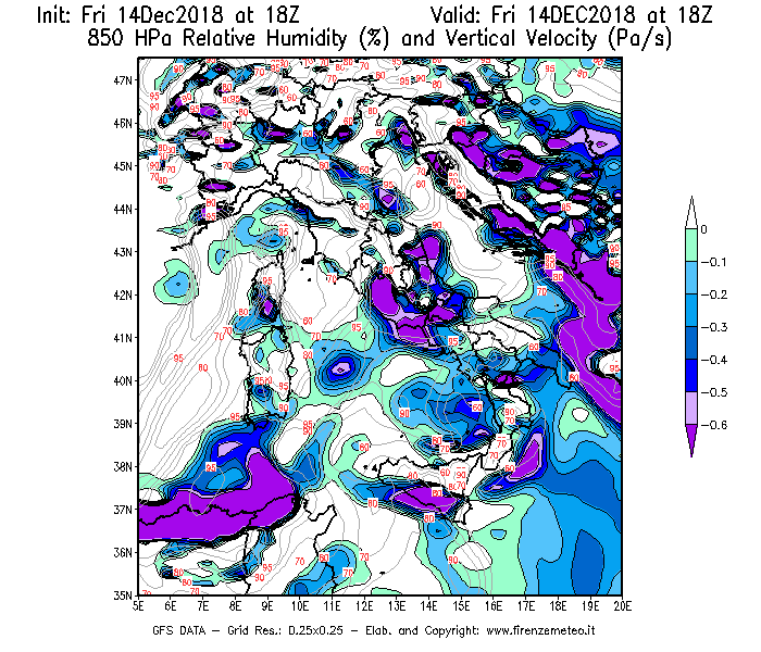Mappa di analisi GFS - Umidità relativa [%] e Omega [Pa/s] a 850 hPa in Italia
									del 14/12/2018 18 <!--googleoff: index-->UTC<!--googleon: index-->