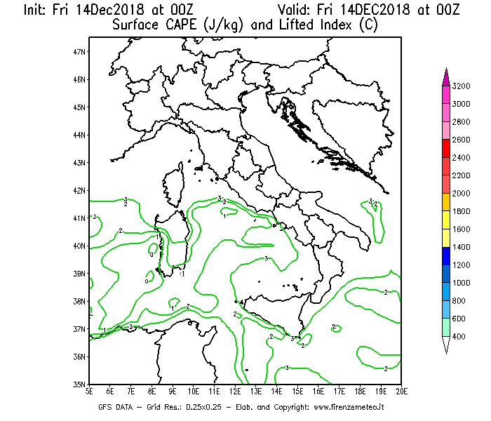 Mappa di analisi GFS - CAPE [J/kg] e Lifted Index [°C] in Italia
									del 14/12/2018 00 <!--googleoff: index-->UTC<!--googleon: index-->