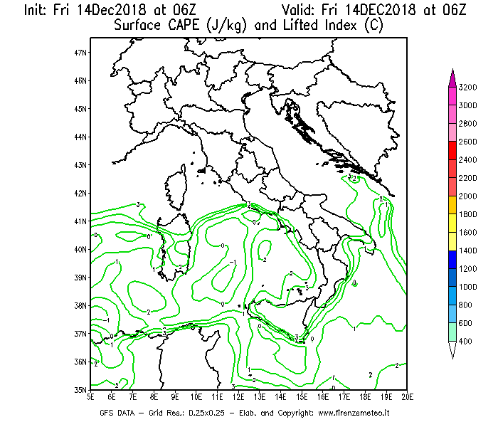 Mappa di analisi GFS - CAPE [J/kg] e Lifted Index [°C] in Italia
									del 14/12/2018 06 <!--googleoff: index-->UTC<!--googleon: index-->
