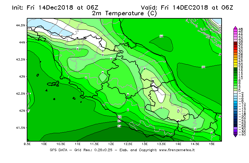 Mappa di analisi GFS - Temperatura a 2 metri dal suolo [°C] in Centro-Italia
									del 14/12/2018 06 <!--googleoff: index-->UTC<!--googleon: index-->