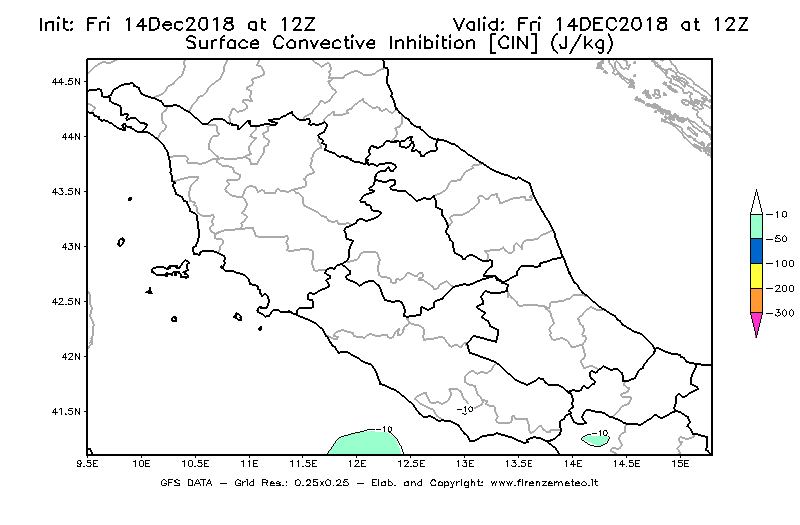 Mappa di analisi GFS - CIN [J/kg] in Centro-Italia
									del 14/12/2018 12 <!--googleoff: index-->UTC<!--googleon: index-->