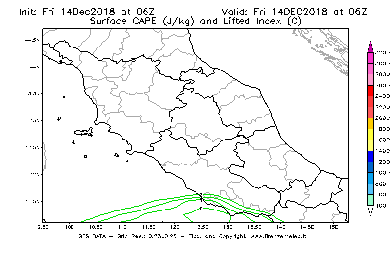 Mappa di analisi GFS - CAPE [J/kg] e Lifted Index [°C] in Centro-Italia
									del 14/12/2018 06 <!--googleoff: index-->UTC<!--googleon: index-->