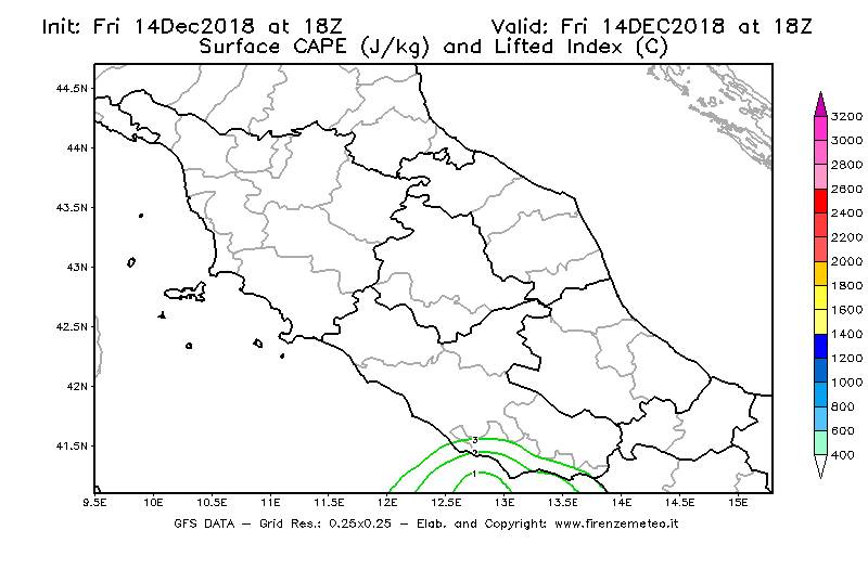 Mappa di analisi GFS - CAPE [J/kg] e Lifted Index [°C] in Centro-Italia
									del 14/12/2018 18 <!--googleoff: index-->UTC<!--googleon: index-->