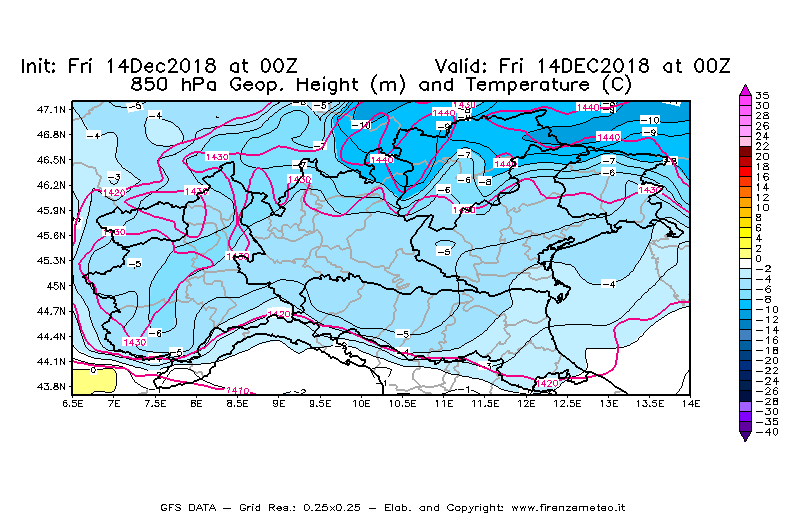 Mappa di analisi GFS - Geopotenziale [m] e Temperatura [°C] a 850 hPa in Nord-Italia
									del 14/12/2018 00 <!--googleoff: index-->UTC<!--googleon: index-->