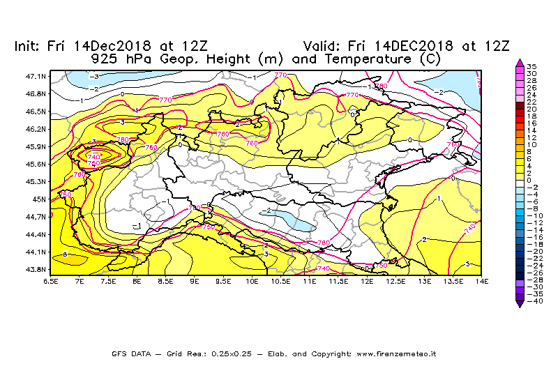 Mappa di analisi GFS - Geopotenziale [m] e Temperatura [°C] a 925 hPa in Nord-Italia
									del 14/12/2018 12 <!--googleoff: index-->UTC<!--googleon: index-->