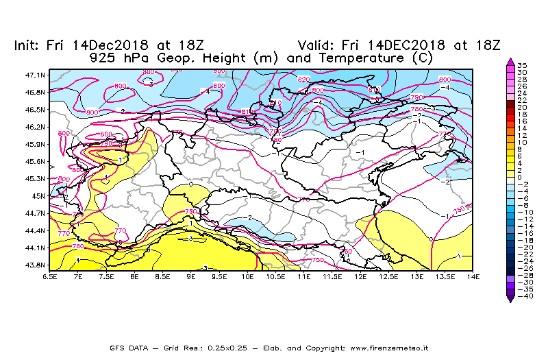 Mappa di analisi GFS - Geopotenziale [m] e Temperatura [°C] a 925 hPa in Nord-Italia
									del 14/12/2018 18 <!--googleoff: index-->UTC<!--googleon: index-->