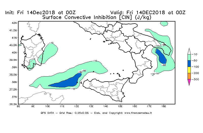 Mappa di analisi GFS - CIN [J/kg] in Sud-Italia
									del 14/12/2018 00 <!--googleoff: index-->UTC<!--googleon: index-->