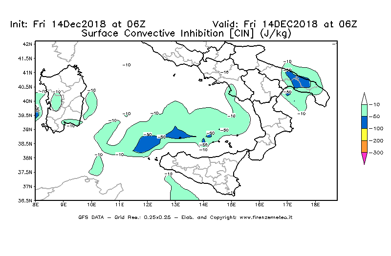 Mappa di analisi GFS - CIN [J/kg] in Sud-Italia
									del 14/12/2018 06 <!--googleoff: index-->UTC<!--googleon: index-->