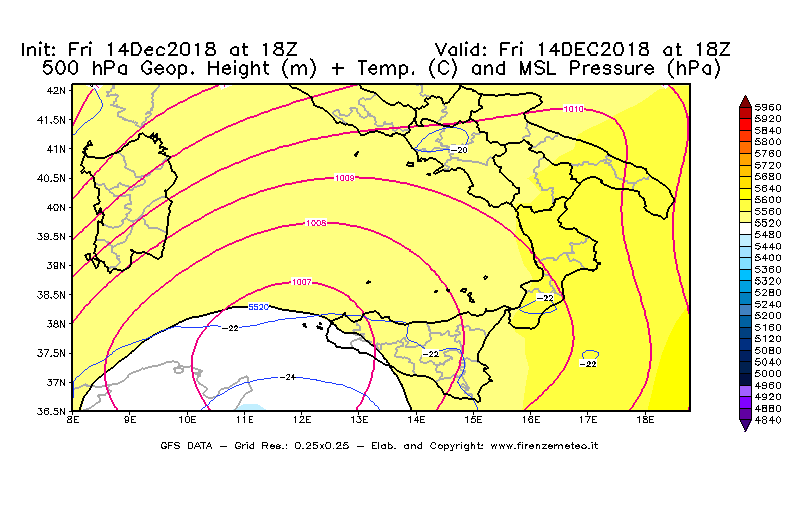 Mappa di analisi GFS - Geopotenziale [m] + Temp. [°C] a 500 hPa + Press. a livello del mare [hPa] in Sud-Italia
									del 14/12/2018 18 <!--googleoff: index-->UTC<!--googleon: index-->