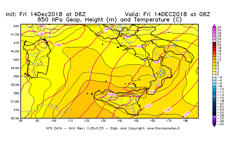 Mappa di analisi GFS - Geopotenziale [m] e Temperatura [°C] a 850 hPa in Sud-Italia
									del 14/12/2018 06 <!--googleoff: index-->UTC<!--googleon: index-->