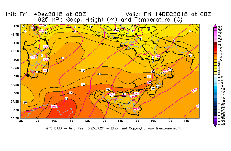 Mappa di analisi GFS - Geopotenziale [m] e Temperatura [°C] a 925 hPa in Sud-Italia
									del 14/12/2018 00 <!--googleoff: index-->UTC<!--googleon: index-->