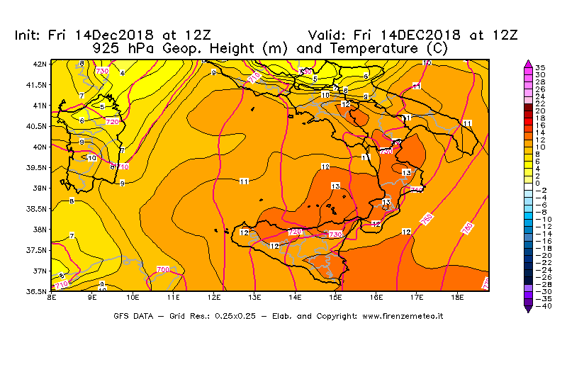 Mappa di analisi GFS - Geopotenziale [m] e Temperatura [°C] a 925 hPa in Sud-Italia
									del 14/12/2018 12 <!--googleoff: index-->UTC<!--googleon: index-->
