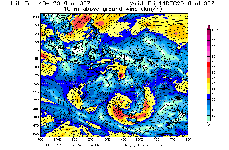 Mappa di analisi GFS - Velocità del vento a 10 metri dal suolo [km/h] in Oceania
									del 14/12/2018 06 <!--googleoff: index-->UTC<!--googleon: index-->