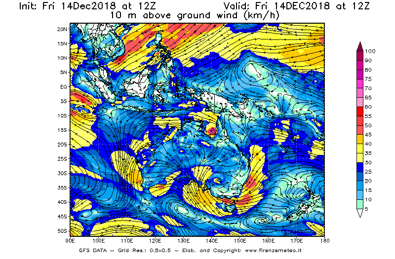 Mappa di analisi GFS - Velocità del vento a 10 metri dal suolo [km/h] in Oceania
									del 14/12/2018 12 <!--googleoff: index-->UTC<!--googleon: index-->