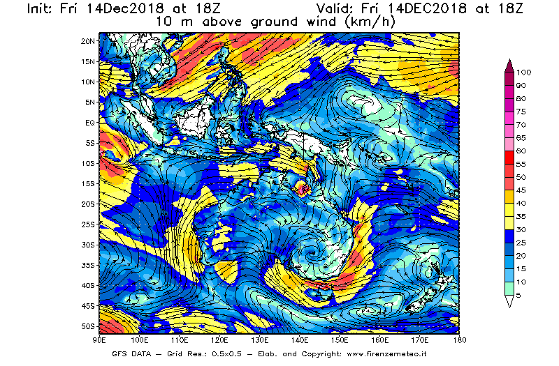 Mappa di analisi GFS - Velocità del vento a 10 metri dal suolo [km/h] in Oceania
									del 14/12/2018 18 <!--googleoff: index-->UTC<!--googleon: index-->
