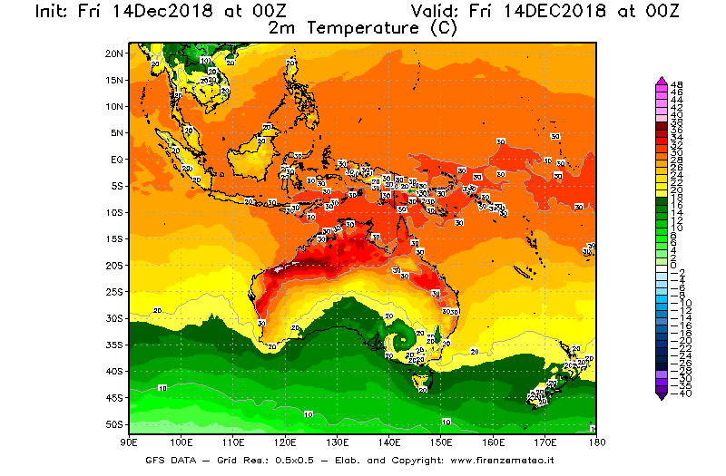 Mappa di analisi GFS - Temperatura a 2 metri dal suolo [°C] in Oceania
									del 14/12/2018 00 <!--googleoff: index-->UTC<!--googleon: index-->