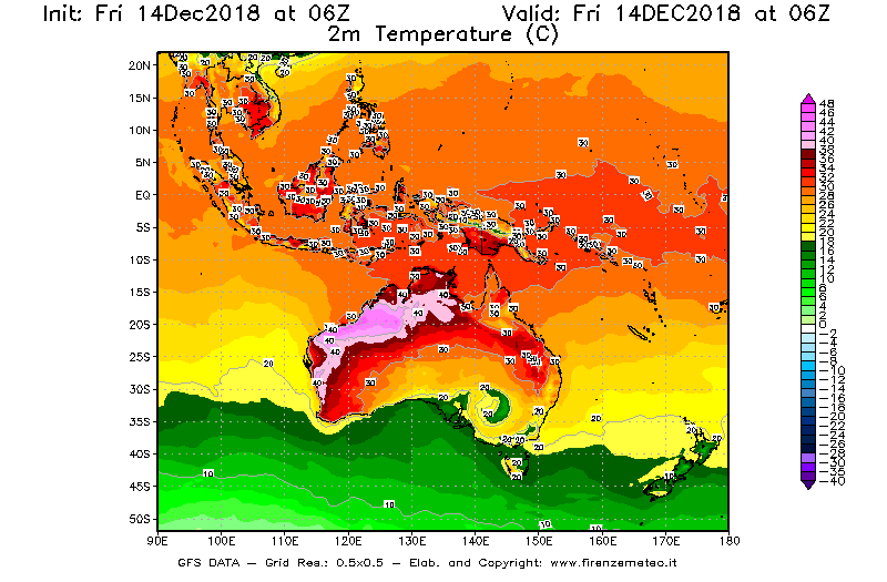 Mappa di analisi GFS - Temperatura a 2 metri dal suolo [°C] in Oceania
									del 14/12/2018 06 <!--googleoff: index-->UTC<!--googleon: index-->