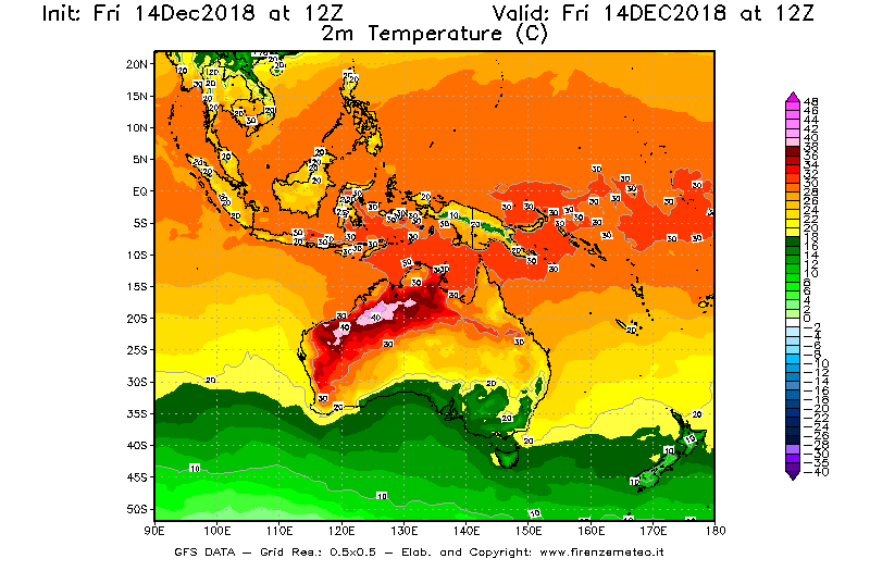 Mappa di analisi GFS - Temperatura a 2 metri dal suolo [°C] in Oceania
									del 14/12/2018 12 <!--googleoff: index-->UTC<!--googleon: index-->
