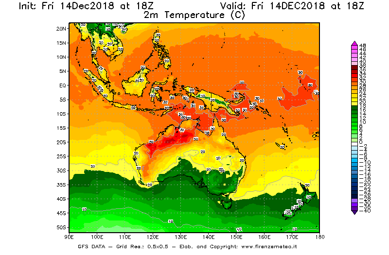 Mappa di analisi GFS - Temperatura a 2 metri dal suolo [°C] in Oceania
									del 14/12/2018 18 <!--googleoff: index-->UTC<!--googleon: index-->
