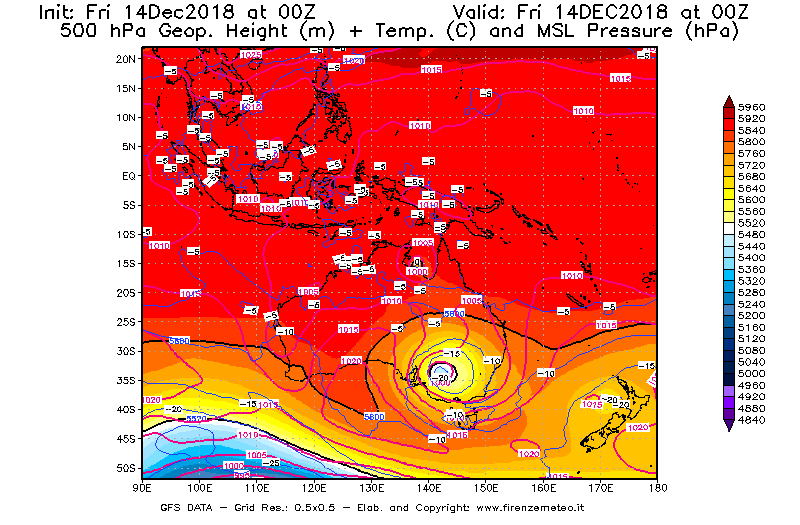 Mappa di analisi GFS - Geopotenziale [m] + Temp. [°C] a 500 hPa + Press. a livello del mare [hPa] in Oceania
									del 14/12/2018 00 <!--googleoff: index-->UTC<!--googleon: index-->