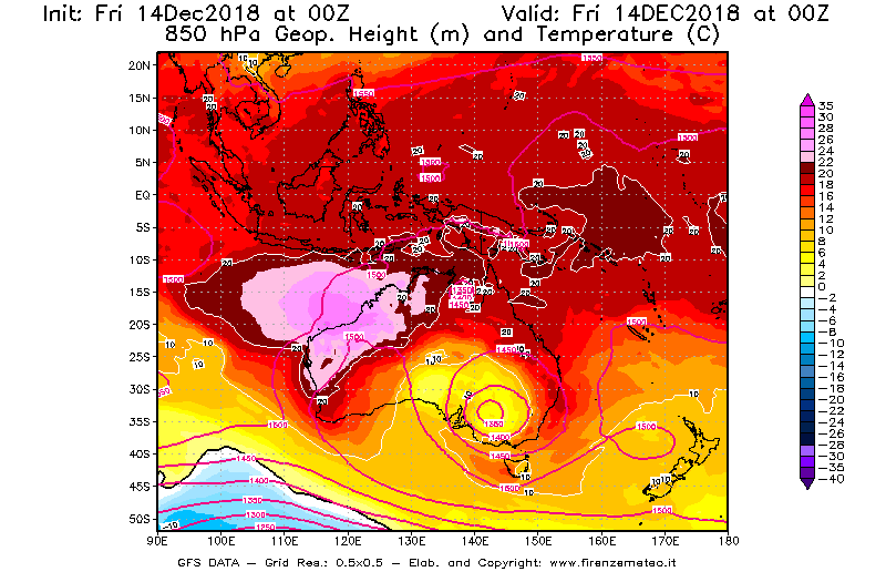 Mappa di analisi GFS - Geopotenziale [m] e Temperatura [°C] a 850 hPa in Oceania
									del 14/12/2018 00 <!--googleoff: index-->UTC<!--googleon: index-->