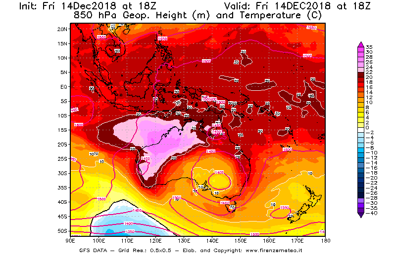 Mappa di analisi GFS - Geopotenziale [m] e Temperatura [°C] a 850 hPa in Oceania
									del 14/12/2018 18 <!--googleoff: index-->UTC<!--googleon: index-->