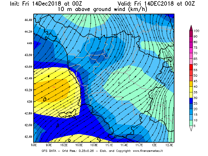 Mappa di analisi GFS - Velocità del vento a 10 metri dal suolo [km/h] in Toscana
									del 14/12/2018 00 <!--googleoff: index-->UTC<!--googleon: index-->