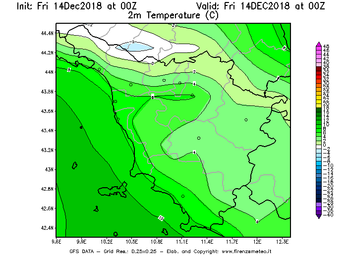 Mappa di analisi GFS - Temperatura a 2 metri dal suolo [°C] in Toscana
									del 14/12/2018 00 <!--googleoff: index-->UTC<!--googleon: index-->
