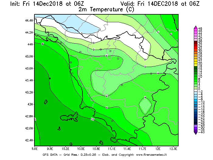 Mappa di analisi GFS - Temperatura a 2 metri dal suolo [°C] in Toscana
									del 14/12/2018 06 <!--googleoff: index-->UTC<!--googleon: index-->
