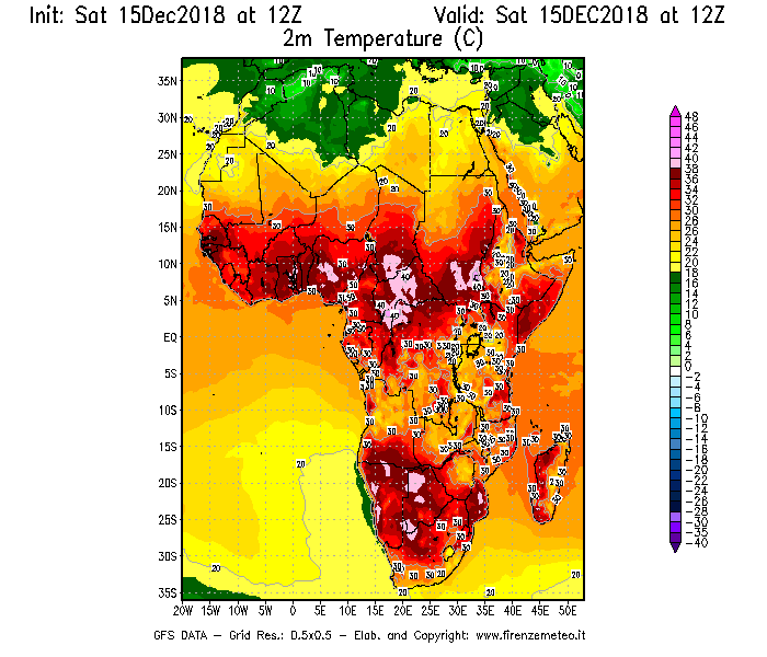 Mappa di analisi GFS - Temperatura a 2 metri dal suolo [°C] in Africa
							del 15/12/2018 12 <!--googleoff: index-->UTC<!--googleon: index-->