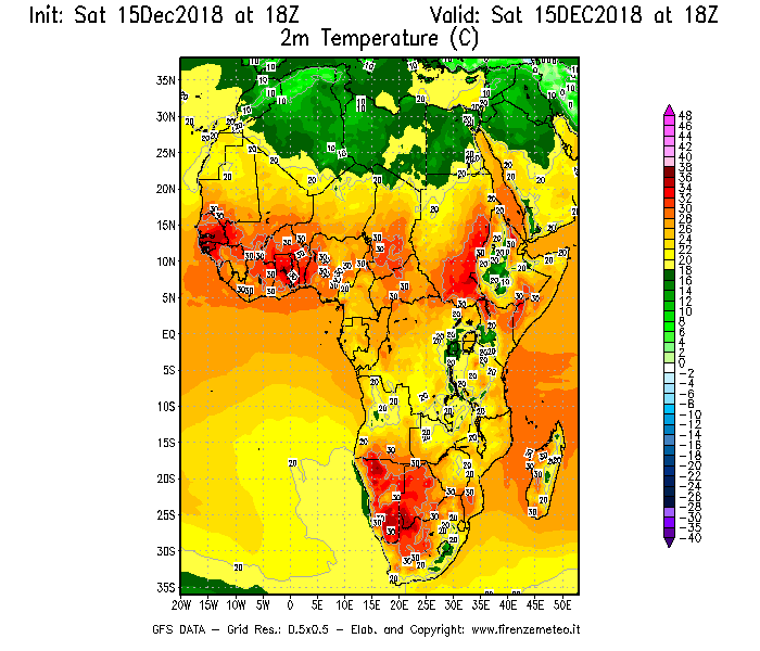 Mappa di analisi GFS - Temperatura a 2 metri dal suolo [°C] in Africa
									del 15/12/2018 18 <!--googleoff: index-->UTC<!--googleon: index-->