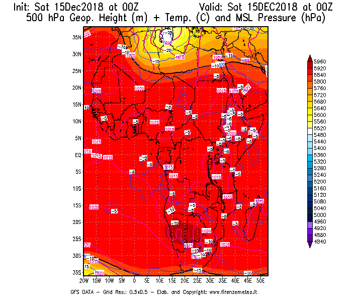 Mappa di analisi GFS - Geopotenziale [m] + Temp. [°C] a 500 hPa + Press. a livello del mare [hPa] in Africa
									del 15/12/2018 00 <!--googleoff: index-->UTC<!--googleon: index-->