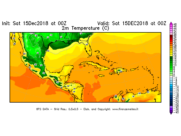 Mappa di analisi GFS - Temperatura a 2 metri dal suolo [°C] in Centro-America
									del 15/12/2018 00 <!--googleoff: index-->UTC<!--googleon: index-->