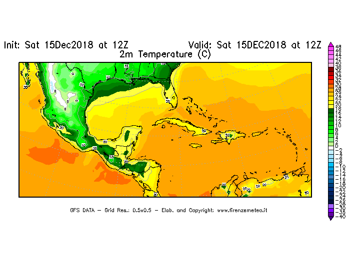 Mappa di analisi GFS - Temperatura a 2 metri dal suolo [°C] in Centro-America
									del 15/12/2018 12 <!--googleoff: index-->UTC<!--googleon: index-->