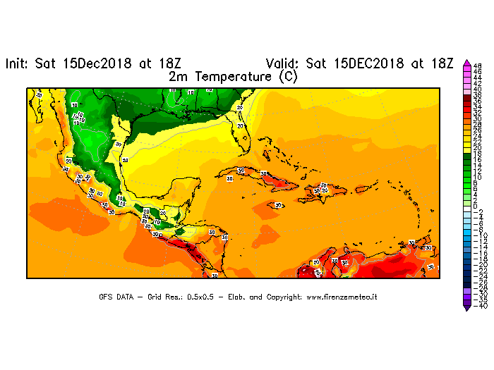 Mappa di analisi GFS - Temperatura a 2 metri dal suolo [°C] in Centro-America
									del 15/12/2018 18 <!--googleoff: index-->UTC<!--googleon: index-->