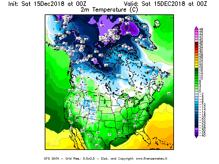 Mappa di analisi GFS - Temperatura a 2 metri dal suolo [°C] in Nord-America
							del 15/12/2018 00 <!--googleoff: index-->UTC<!--googleon: index-->