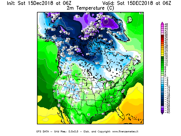 Mappa di analisi GFS - Temperatura a 2 metri dal suolo [°C] in Nord-America
							del 15/12/2018 06 <!--googleoff: index-->UTC<!--googleon: index-->