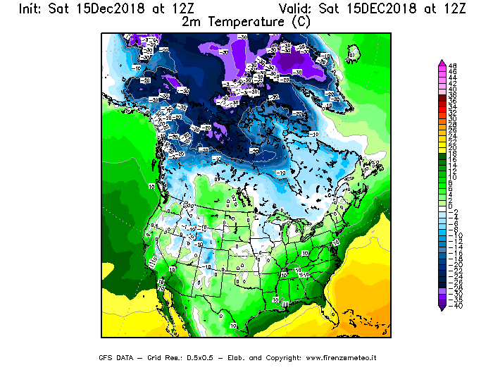 Mappa di analisi GFS - Temperatura a 2 metri dal suolo [°C] in Nord-America
							del 15/12/2018 12 <!--googleoff: index-->UTC<!--googleon: index-->