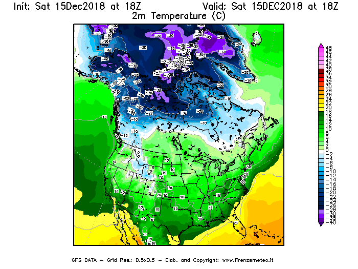 Mappa di analisi GFS - Temperatura a 2 metri dal suolo [°C] in Nord-America
									del 15/12/2018 18 <!--googleoff: index-->UTC<!--googleon: index-->