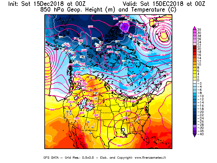 Mappa di analisi GFS - Geopotenziale [m] e Temperatura [°C] a 850 hPa in Nord-America
							del 15/12/2018 00 <!--googleoff: index-->UTC<!--googleon: index-->