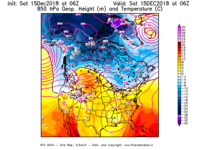 Mappa di analisi GFS - Geopotenziale [m] e Temperatura [°C] a 850 hPa in Nord-America
									del 15/12/2018 06 <!--googleoff: index-->UTC<!--googleon: index-->