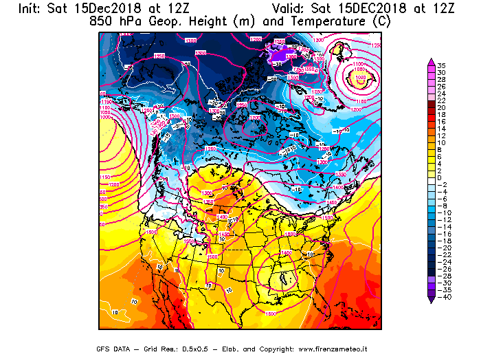Mappa di analisi GFS - Geopotenziale [m] e Temperatura [°C] a 850 hPa in Nord-America
									del 15/12/2018 12 <!--googleoff: index-->UTC<!--googleon: index-->
