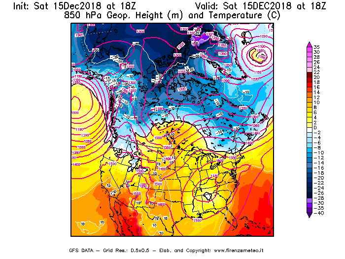 Mappa di analisi GFS - Geopotenziale [m] e Temperatura [°C] a 850 hPa in Nord-America
							del 15/12/2018 18 <!--googleoff: index-->UTC<!--googleon: index-->